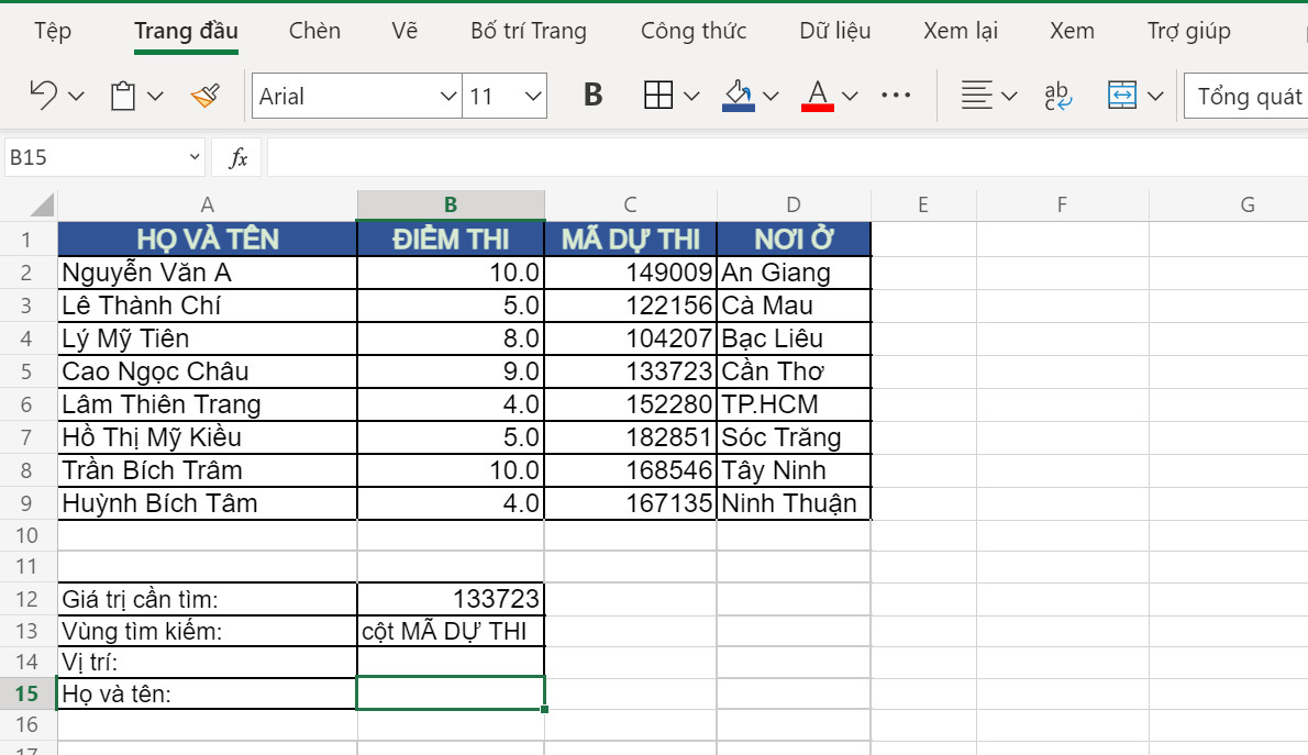 Ví dụ về hàm MATCH kết hợp INDEX