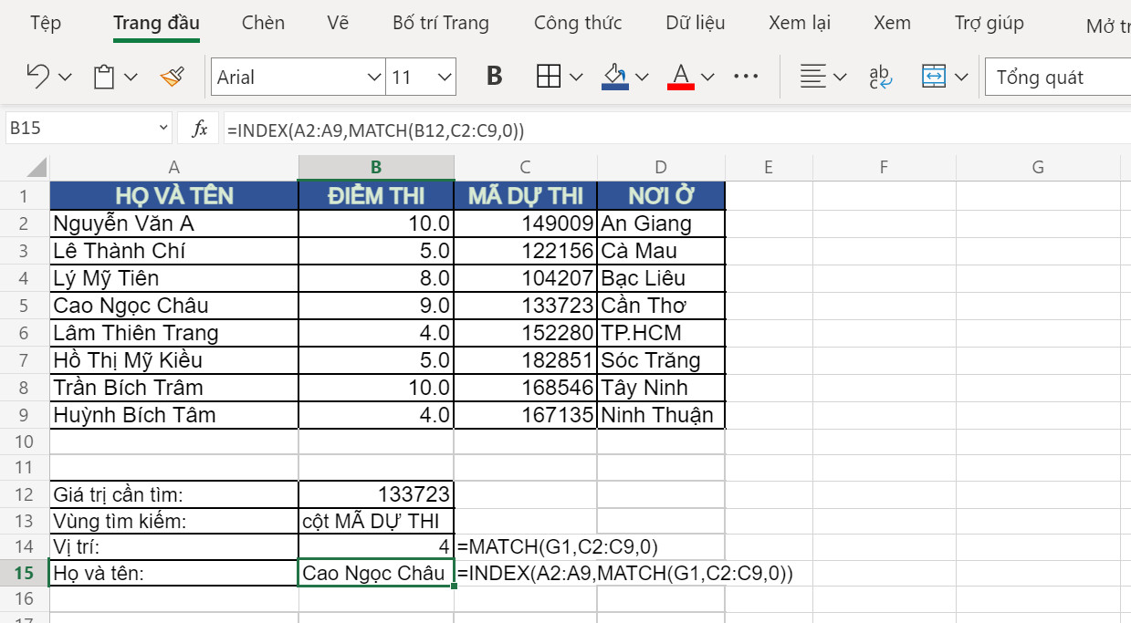 Kết quả sau khi sử dụng hàm MATCH kết hợp INDEX