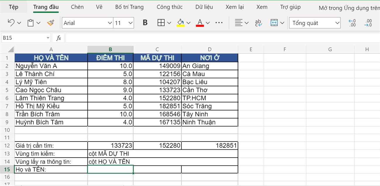 Ví dụ về hàm XMATCH kết hợp INDEX