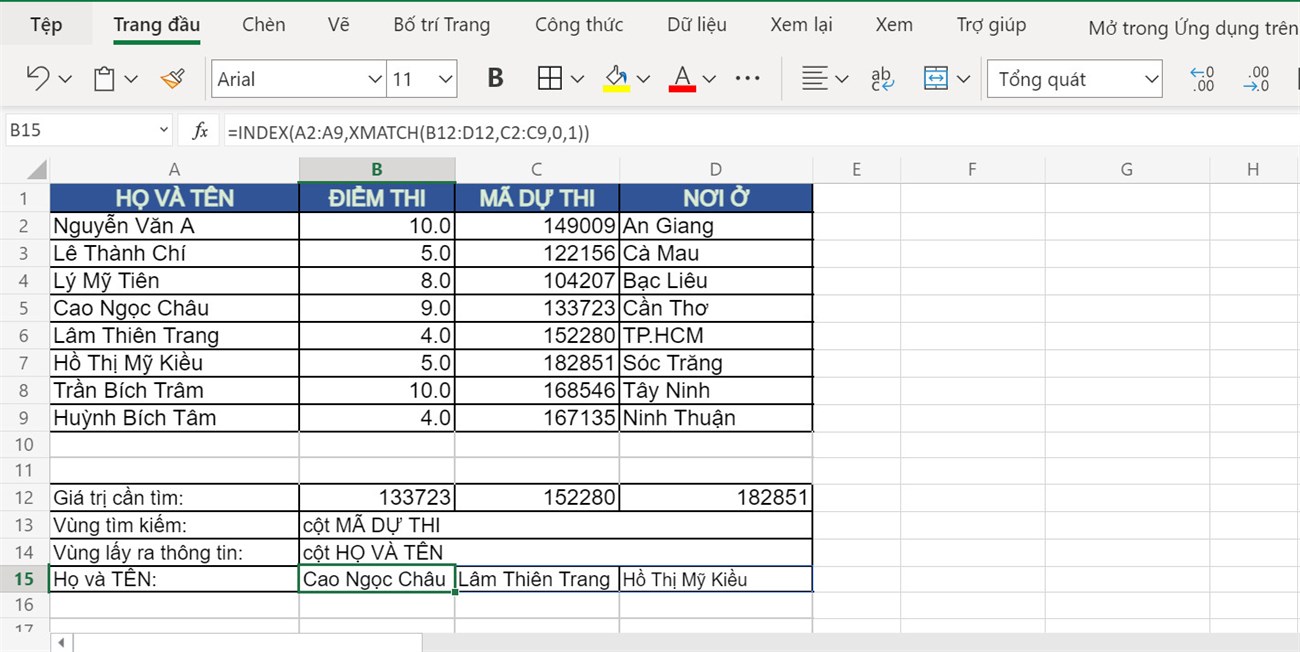 Kết quả sau khi sử dụng hàm MATCH kết hợp INDEX