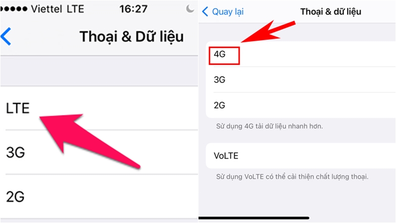 Chọn LTE hoặc 4G