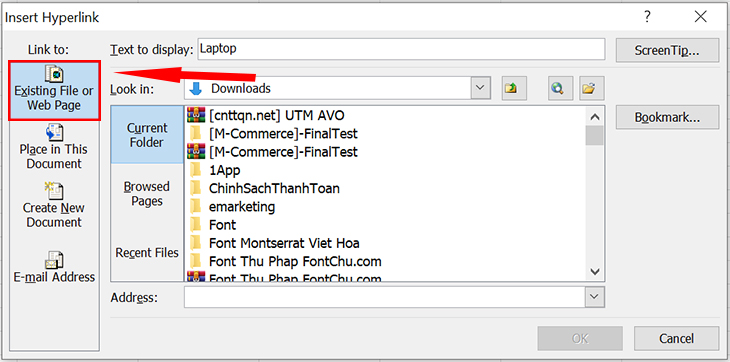 Chọn Existing File or Web Page Chọn Existing File or Web Page