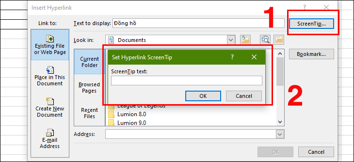 Hyperlink là gì? Cách tạo liên kết trang trong Word, Excel, PowerPoint > Hộp thoại Insert Hyperlink mở ra, bạn chọn vào ô Existing File or Web Page. Sau đó, nhập nội dung ô muốn chèn liên kết vào mục Text to display.