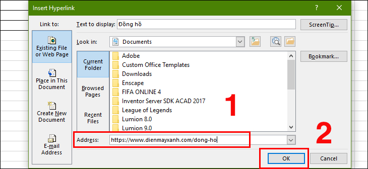 Hyperlink là gì? Cách tạo liên kết trang trong Word, Excel, PowerPoint > Tiếp theo, bạn nhập địa chỉ trang web bạn muốn đi link vào ô Address. Sau đó bạn nhấn OK là hoàn thành.