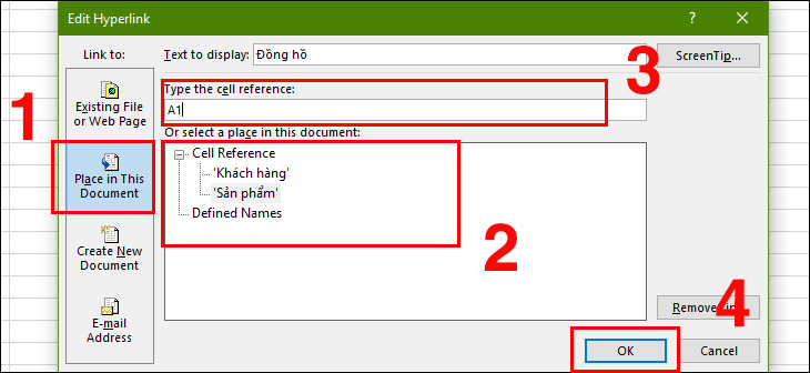 Chọn Place in This Document. Bạn chọn sheet muốn liên kết tại mục Cell Reference > Ở phần Type the cell reference nhập ô mặc định con trỏ chuột sẽ nhảy đến khi nhấn vào link.