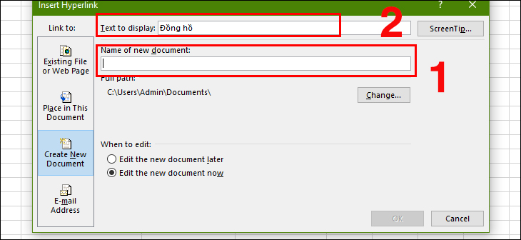 Nhập tên file Excel mới ở phần Name of new document và nội dung ô muốn liên kết tại Text to display.