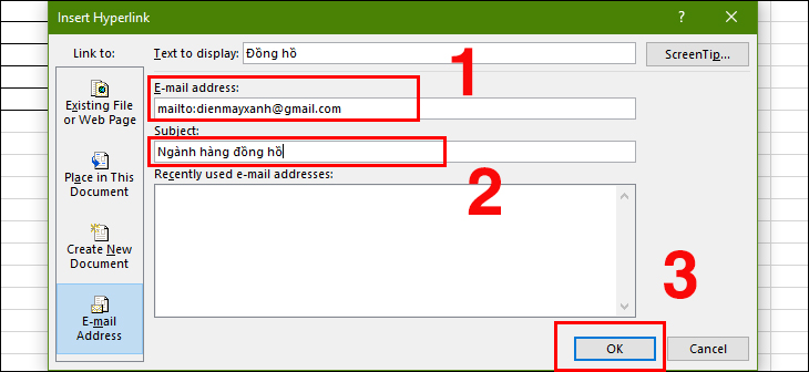 Hyperlink là gì? Cách tạo liên kết trang trong Word, Excel, PowerPoint > Nhập Email muốn liên kết > Nhập tiêu đề và nhấn OK.