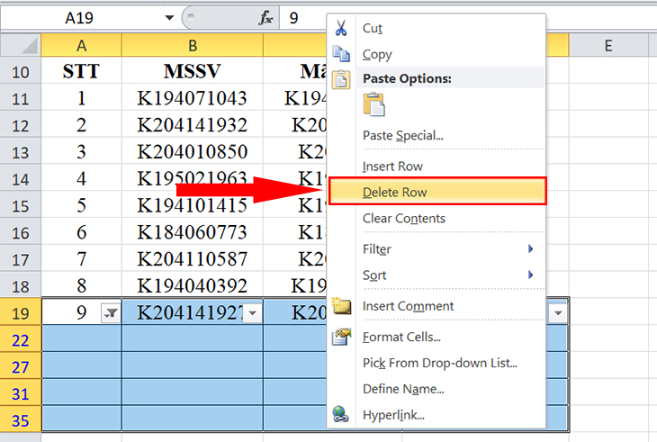 Chọn Delete Row