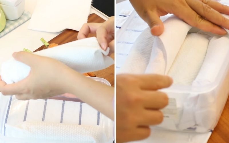 Dùng khăn giấy cuộn lại từng quả bắp và làm tương tự với từng củ cà rốt 