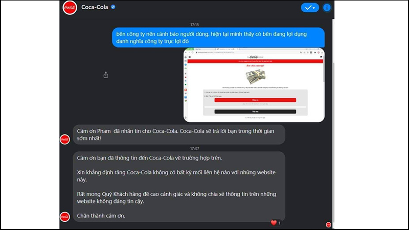 Coca cũng đã xác nhận trang web này là giả mạo