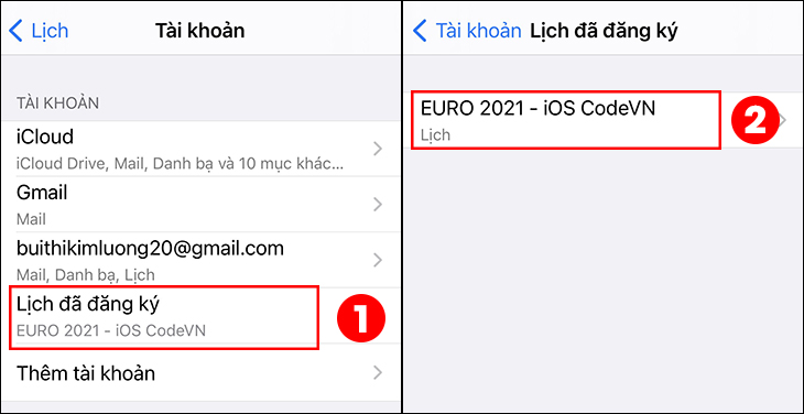 Chọn vào mục Chọn Lịch đã đăng ký và sau đó chọn vào EURO 2021 - iOS CodeVN