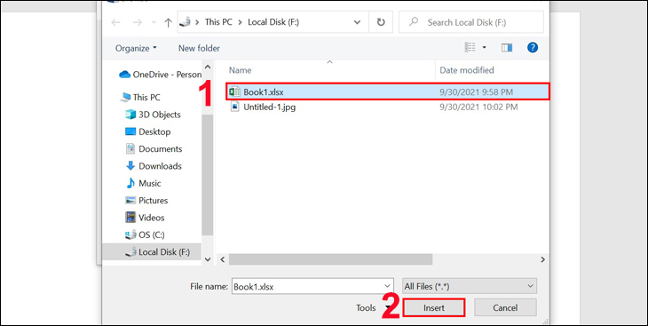 Chọn file muốn chèn và nhấn Insert