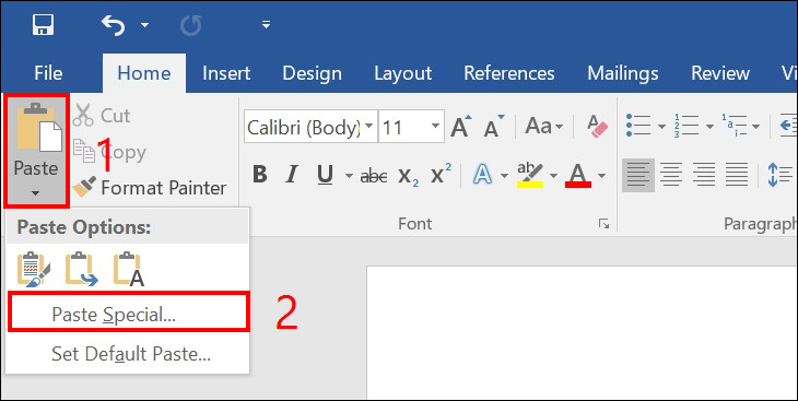 Nhấp chuột vào nút Paste trên tab Home, chọn Paste Special