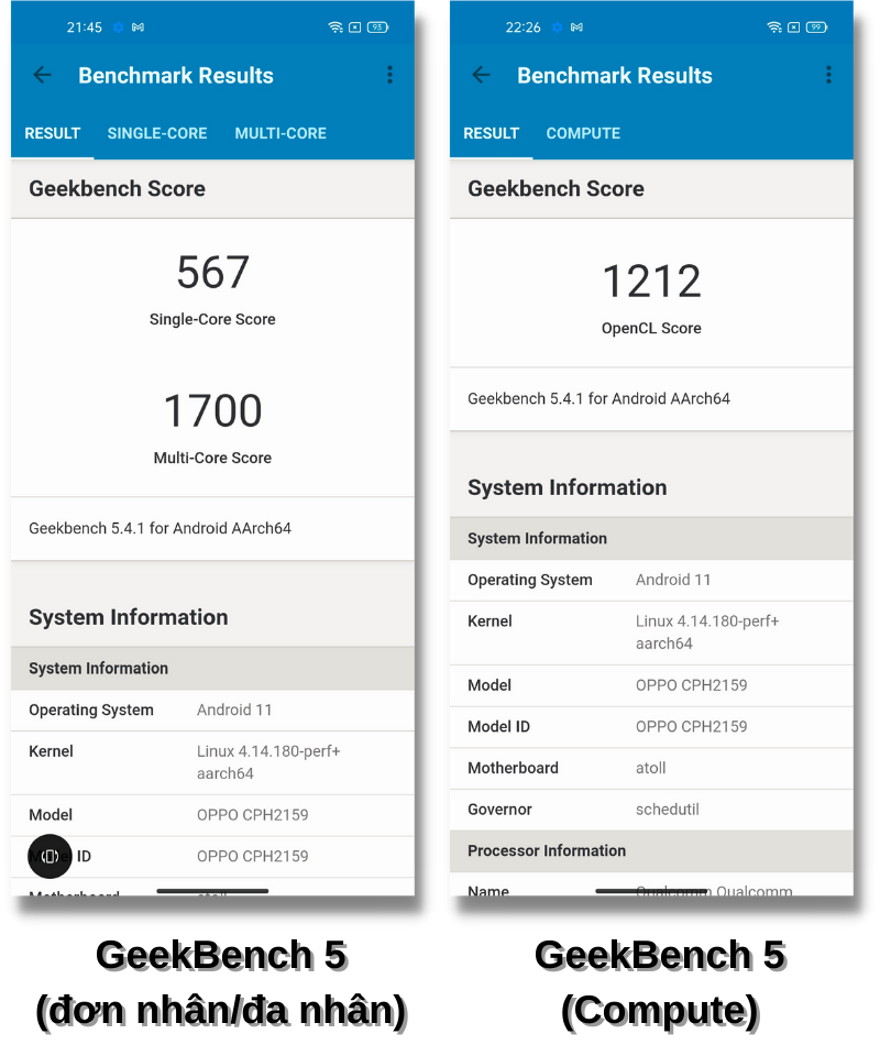 Điểm đơn nhân/đa nhân (bên trái) và điểm đồ họa GPU (bên phải) của OPPO Reno5 trong phần mềm GeekBench 5.