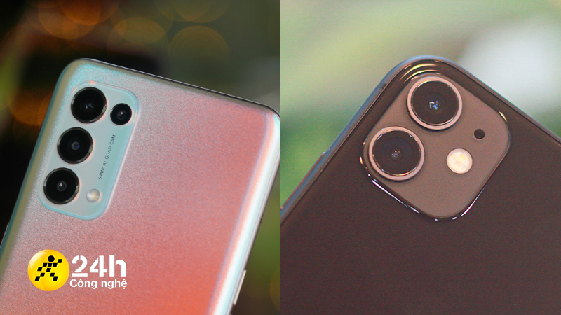 Thiết kế camera sau của OPPO Reno5 (bên trái) trông hao hao như của iPhone 11 (bên phải).