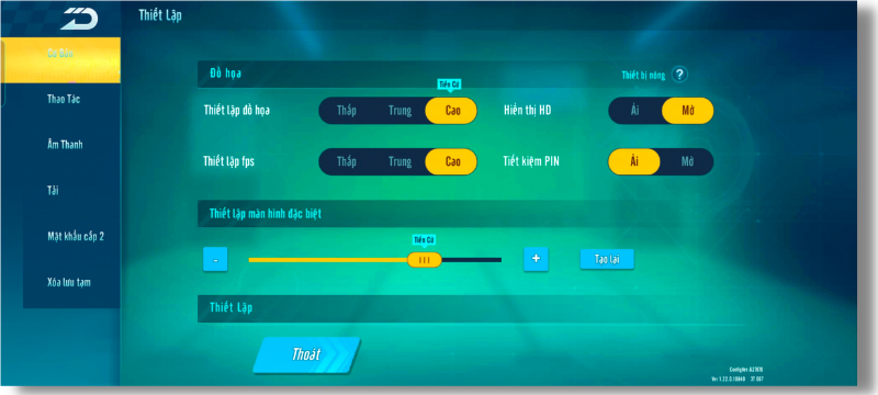 Thiết lập đồ họa trong Zing Speed Mobile mà OPPO Reno5 thiết lập được.