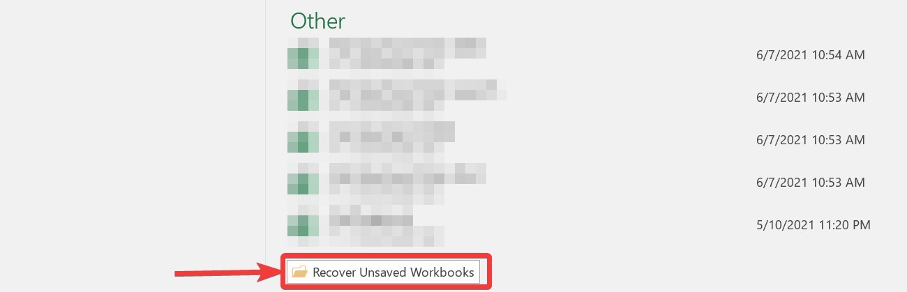 Chọn Recover Unsaved Workbooks