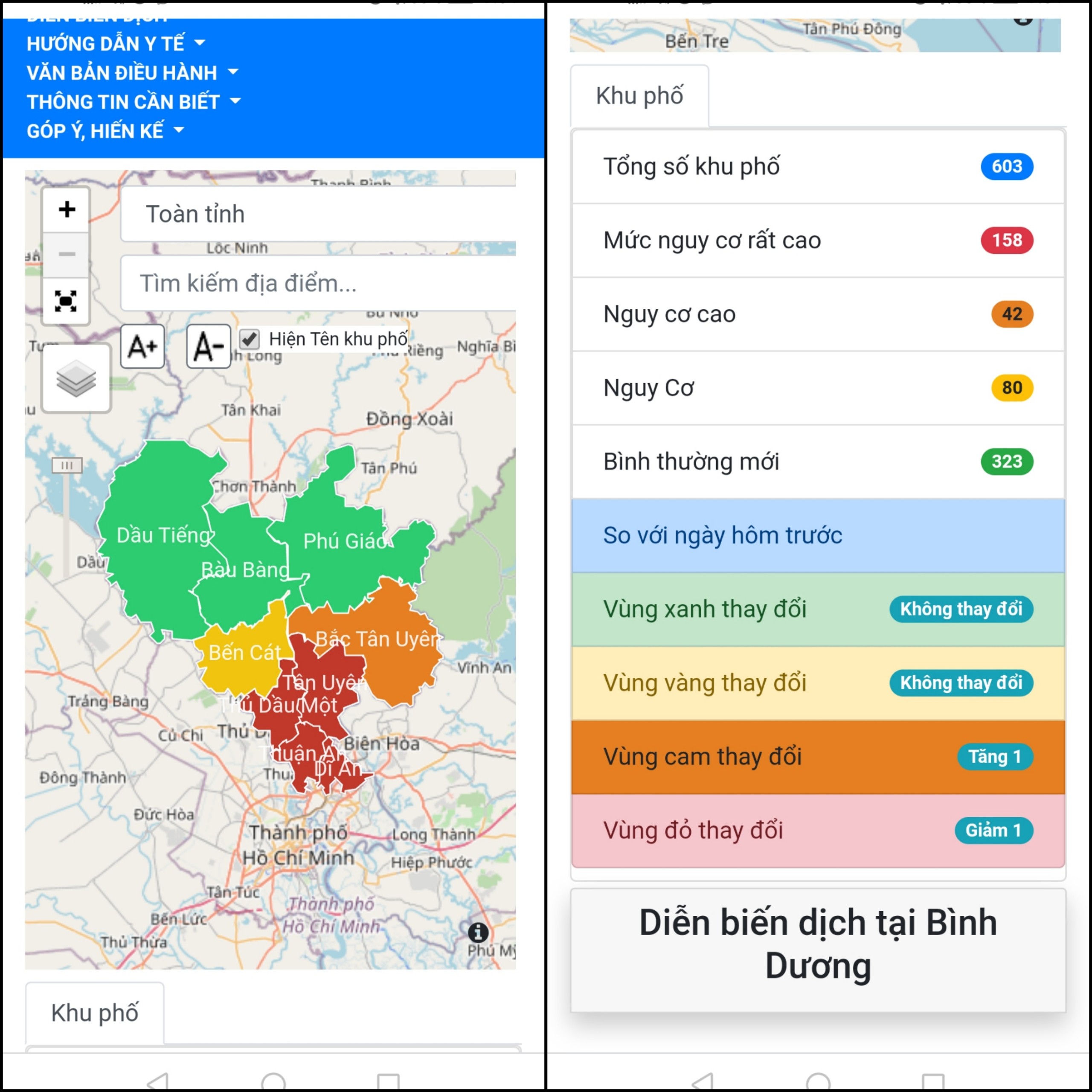 Đầu tiên, bạn truy cập vào link: thongtincovid.binhduong.gov.vn/dhcdbd. Tại đây, bạn sẽ xem được màu sắc diễn biến dịch COVID-19 của các huyện tại Bình Dương và diễn biến dịch, sự thay đổi của các vùng so với ngày hôm trước. Đầu tiên, bạn truy cập vào link: thongtincovid.binhduong.gov.vn/dhcdbd. Tại đây, bạn sẽ xem được màu sắc diễn biến dịch COVID-19 của các huyện tại Bình Dương và diễn biến dịch, sự thay đổi của các vùng so với ngày hôm trước.
