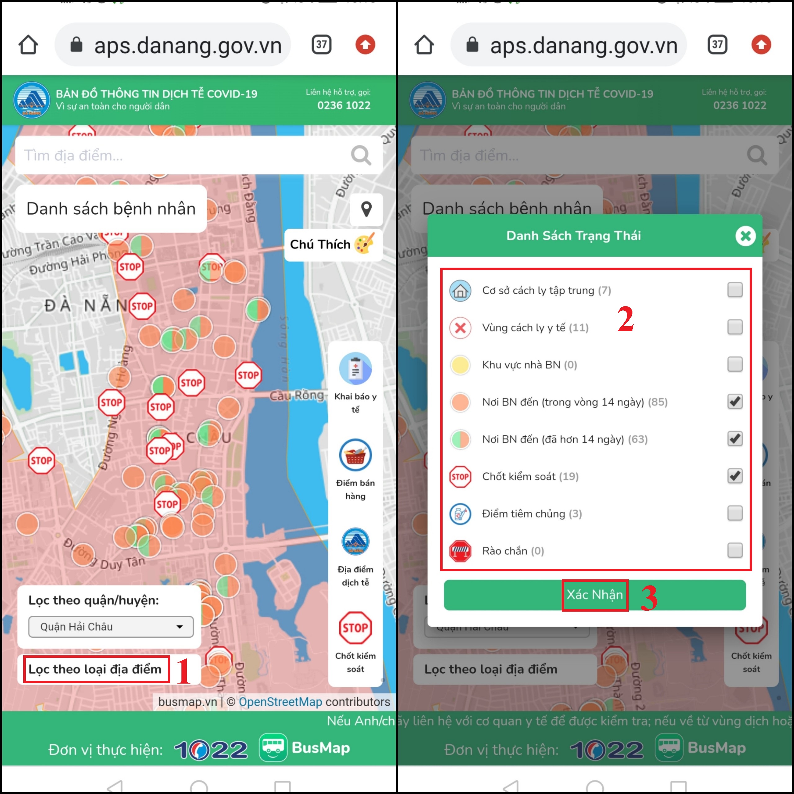 Bạn sẽ xem được chi tiết bản đồ vùng xanh, vùng đỏ Covid-19 tại quận huyện đó. Bạn nhấn chọn Lọc theo loại địa điểm và tick vào các tùy chọn địa điểm bạn muốn hiển thị trên bản đồ gồm: Bạn sẽ xem được chi tiết bản đồ vùng xanh, vùng đỏ Covid-19 tại quận huyện đó. Bạn nhấn chọn Lọc theo loại địa điểm và tick vào các tùy chọn địa điểm bạn muốn hiển thị trên bản đồ gồm: