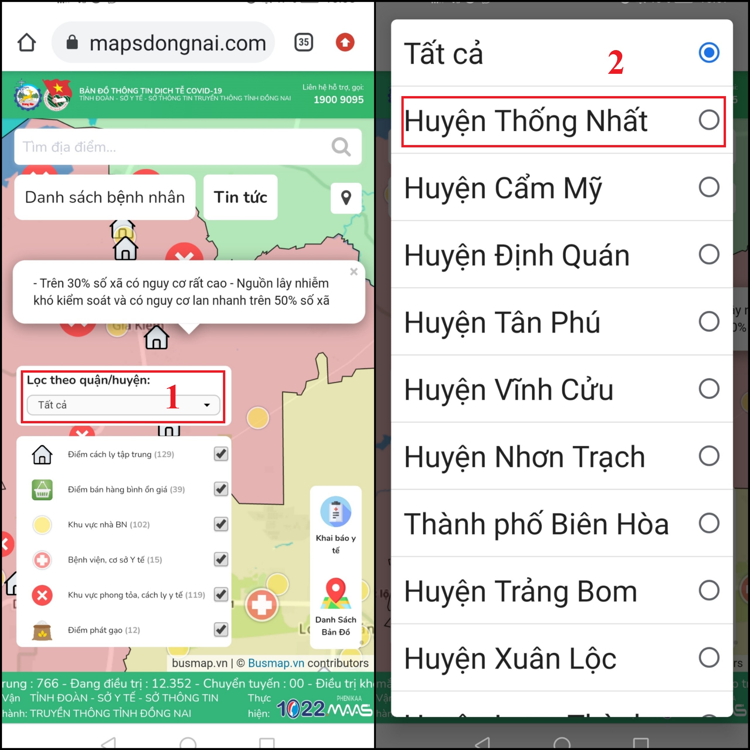 Để xem tổng quát tình hình dịch bệnh Covid-19 tại từng khu vực, bạn nhấn vào khu vực cụ thể trên bản đồ để xem. Tại mục Lọc theo quận/huyện, bạn hãy nhấn vào và chọn huyện để xem chi tiết bản đồ vùng xanh, vùng đỏ Covid-19 tại đó. Để xem tổng quát tình hình dịch bệnh Covid-19 tại từng khu vực, bạn nhấn vào khu vực cụ thể trên bản đồ để xem. Tại mục Lọc theo quận/huyện, bạn hãy nhấn vào và chọn huyện để xem chi tiết bản đồ vùng xanh, vùng đỏ Covid-19 tại đó.