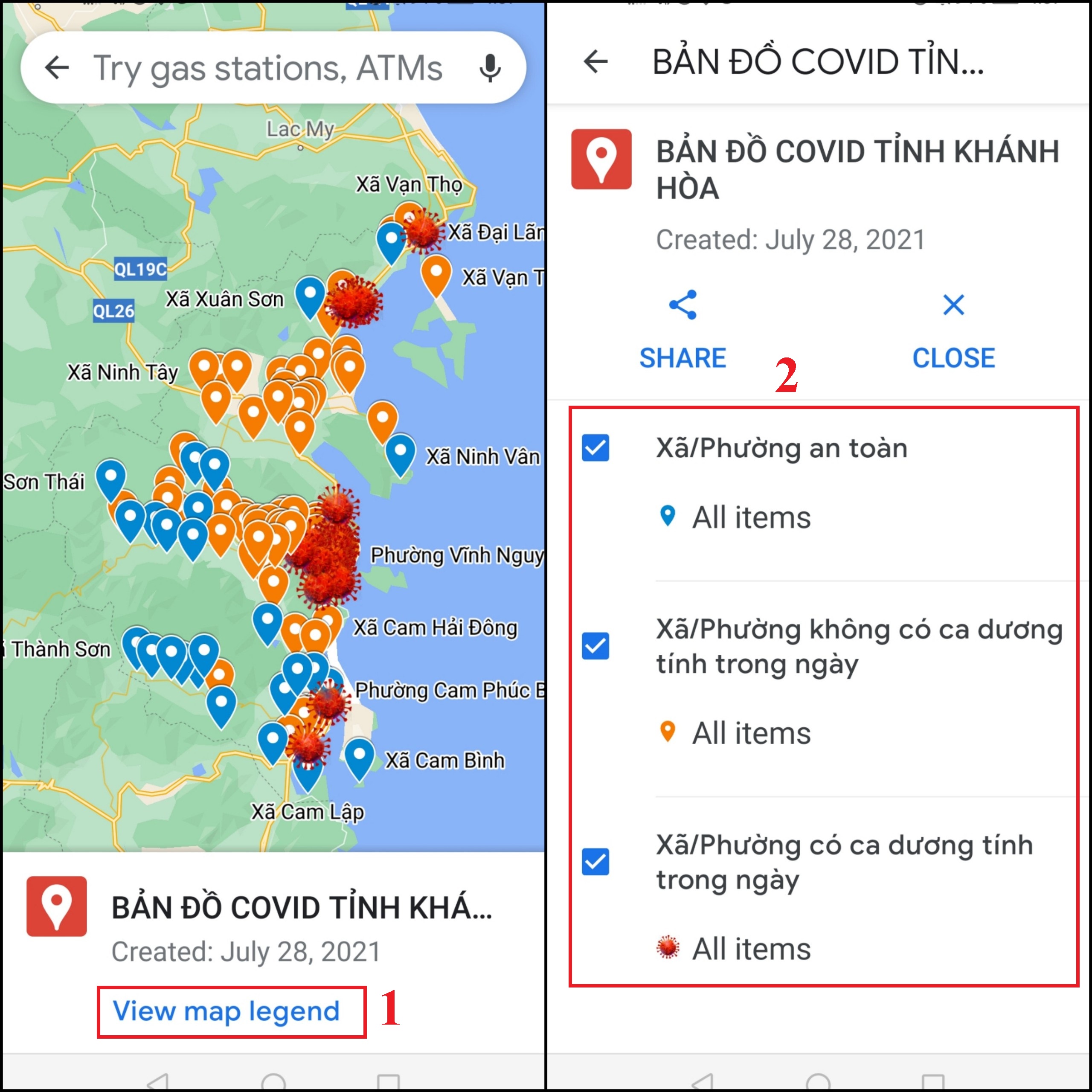Đầu tiên, bạn truy cập vào link: Bản đồ Covid-19 Khánh Hoà. Tại đây, bạn sẽ xem được các chấm vùng xanh, vùng đỏ các khu vực. Sau đó, bạn nhấn mục Xem chú giải bản đồ và tick chọn các địa điểm muốn hiển thị trên bản đồ Đầu tiên, bạn truy cập vào link: Bản đồ Covid-19 Khánh Hoà. Tại đây, bạn sẽ xem được các chấm vùng xanh, vùng đỏ các khu vực. Sau đó, bạn nhấn mục Xem chú giải bản đồ và tick chọn các địa điểm muốn hiển thị trên bản đồ