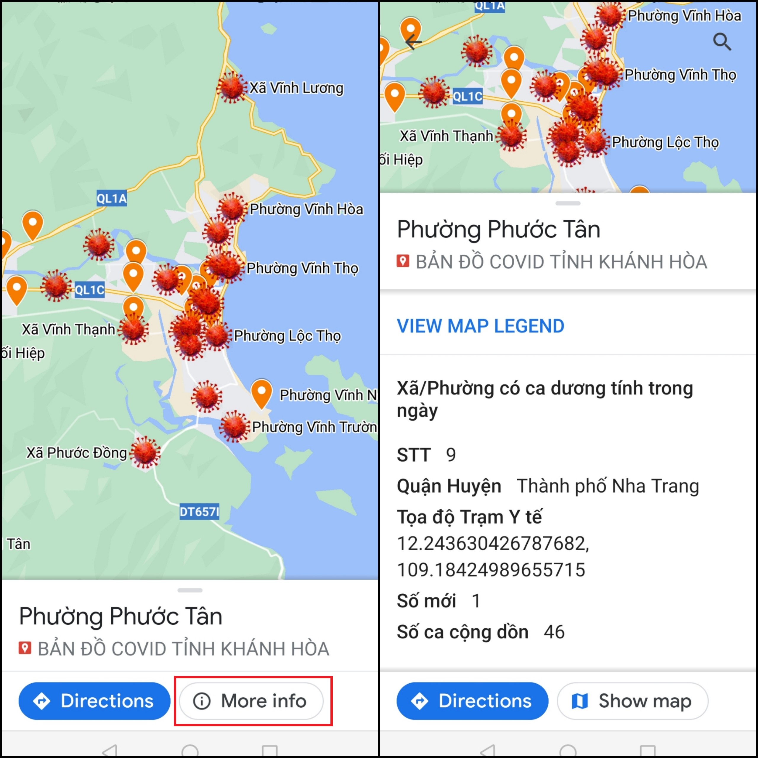 Nhấn vào từng mục biểu tượng để xem chi tiết tình hình dịch bệnh tại khu vực đó. Sau đó, bạn chọn Xem chi tiết để xem được số ca nhiễm mới, tổng số ca nhiễm của phường/xã. Nhấn vào từng mục biểu tượng để xem chi tiết tình hình dịch bệnh tại khu vực đó. Sau đó, bạn chọn Xem chi tiết để xem được số ca nhiễm mới, tổng số ca nhiễm của phường/xã.
