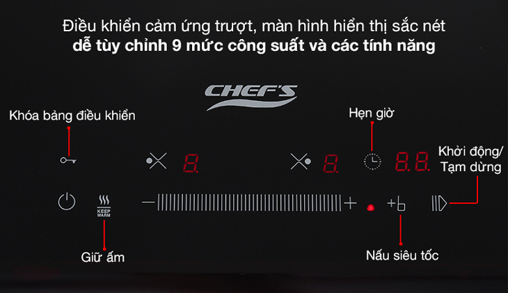 Bếp từ Chefs của nước nào? Có tốt không? Có nên mua không? > Bếp từ đôi lắp âm Chef's EH-DIH366 sử dụng điều khiển cảm ứng trượt, màn hình hiển thị sắc nét thay đổi 9 mức công suất linh hoạt