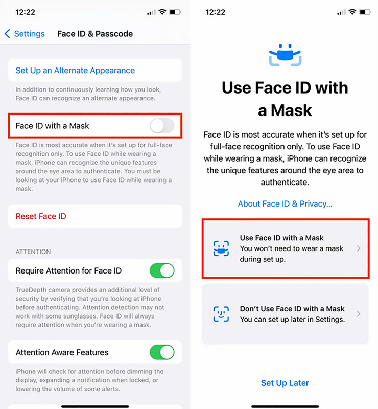 Cách mở khóa bằng FaceID khi đeo khẩu trang trên iOS 15.4. Nguồn: Cnet.