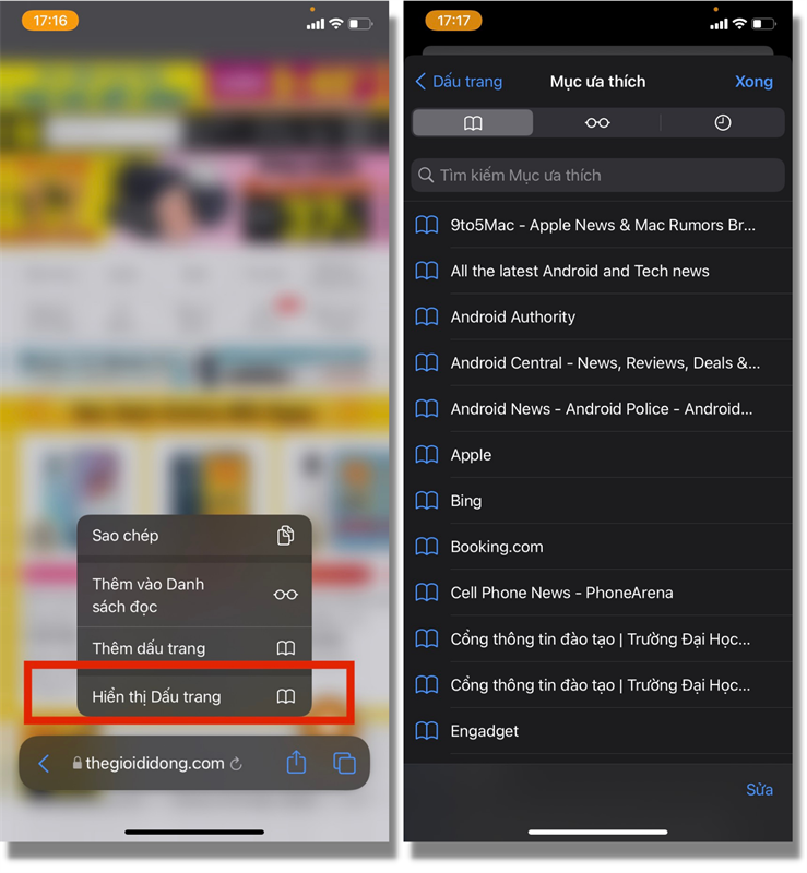 Trên iOS 15 Beta 4, mình có thể bấm giữ thanh tìm kiếm để hiển thị những dấu trang mà mình đã lưu trước đó.