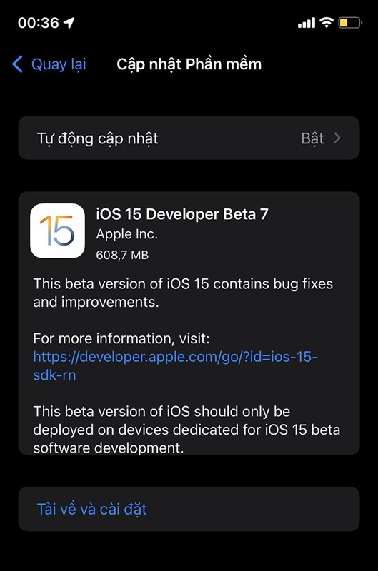 iOS 15 Beta 7 đã chính thức ra mắt với dung lượng hơn 600 MB. Nguồn: zollotech.