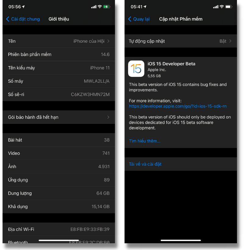iPhone 11 của mình chạy iOS 14.6 (bên trái) trước khi lên iOS 15 Beta (bên phải).