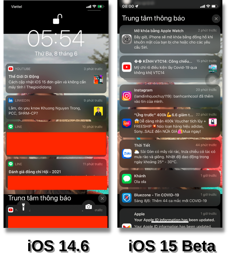 Giao diện thanh thông báo của iOS 14.6 (bên trái) và iOS 15 Beta (bên phải).