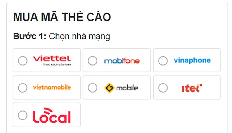 các bước mua thẻ cào điện thoại