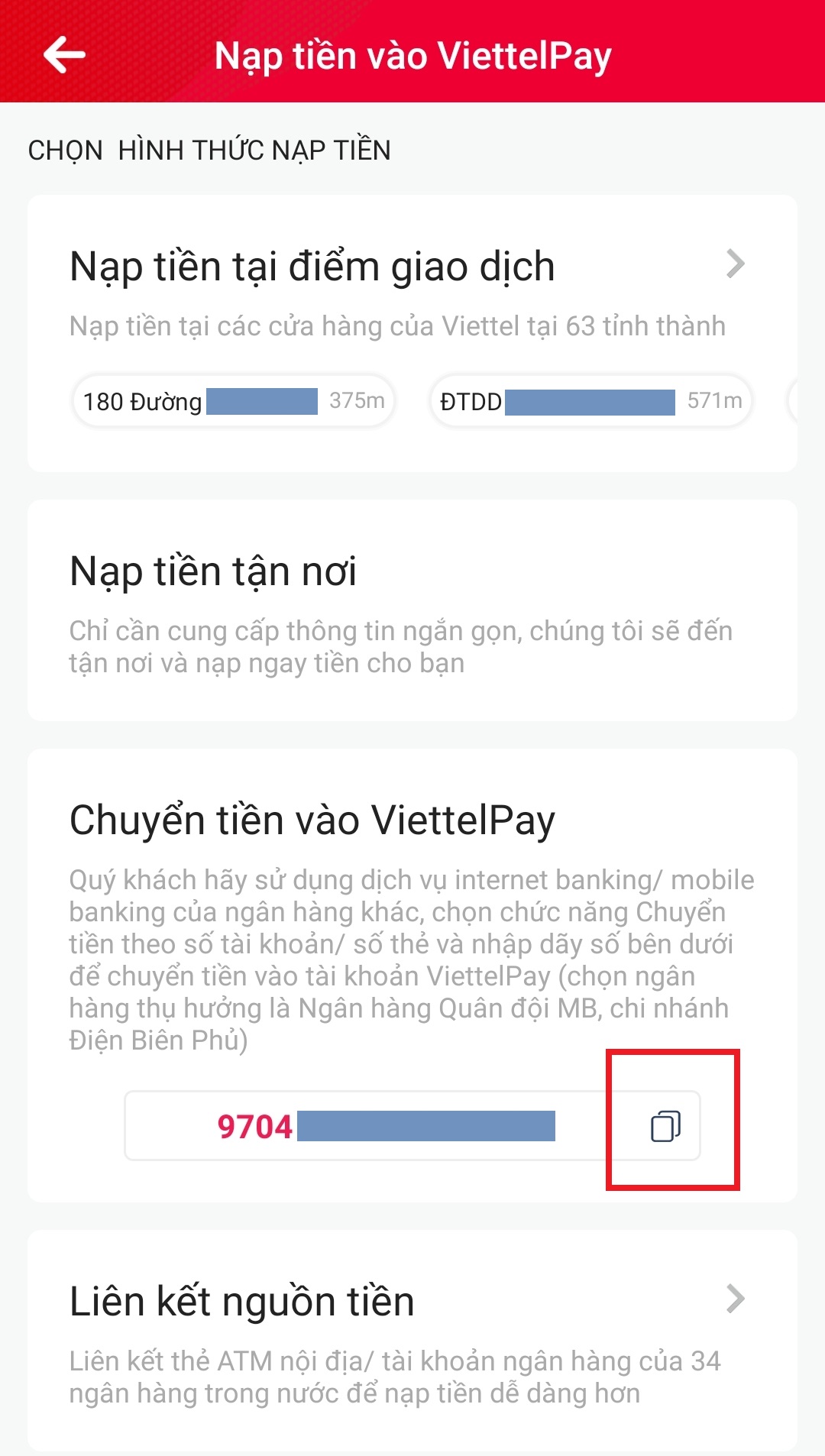 Chọn biểu tượng sao chép tại mục Chuyển tiền vào ViettelPay để sao chép mã số thẻ ViettelPay của bạn.