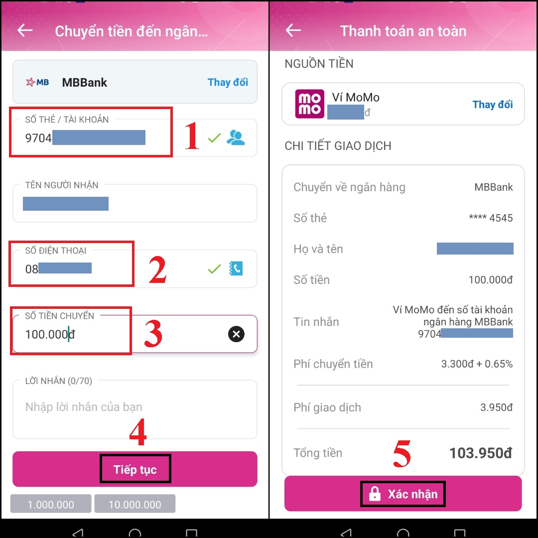 Dán mã số thẻ vừa sao chép ở bước 2 vào mục Số thẻ/Tài khoản > Nhập số tiền muốn chuyển > Chọn Tiếp tục > Chọn Xác nhận để xác nhận yêu cầu chuyển tiền của bạn. 