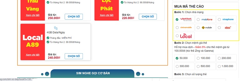 Các bước mua thẻ cào điện thoại