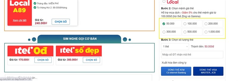 Các bước mua thẻ cào điện thoại