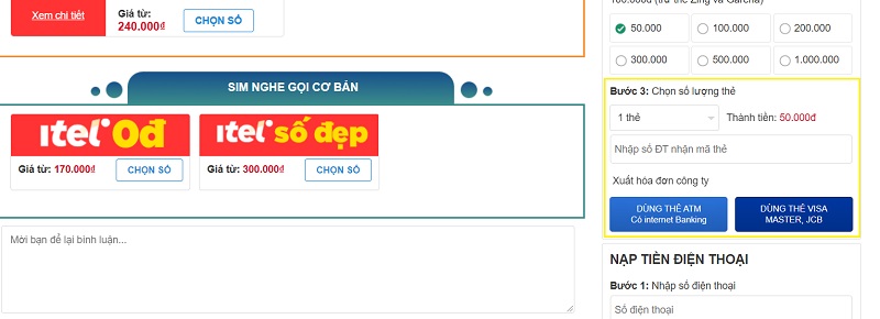 Các bước mua thẻ cào điện thoại