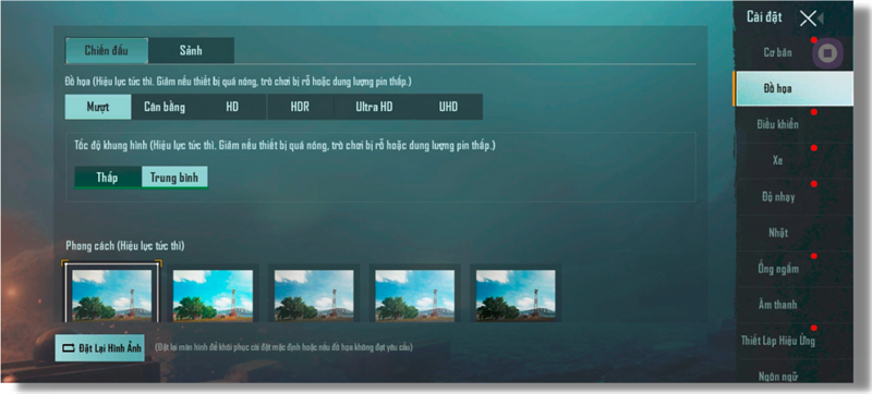 Thiết lập đồ họa trong PUBG Mobile mà Galaxy A12 có thể chỉnh được.