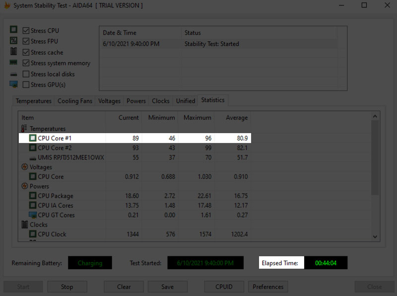 Đo nhiệt độ CPU của Lenovo IdeaPad 3 i3 Gen 10 bằng AIDA64
