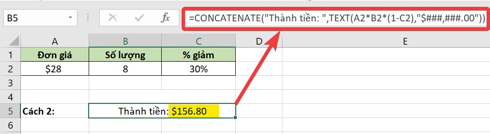 Nối chuỗi ký tự với hàm TEXT bằng hàm CONCATENATE