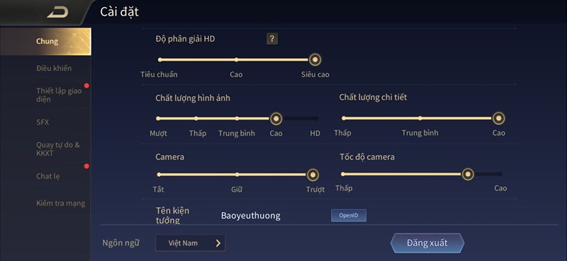 Thiết lập game Liên Quân Mobile