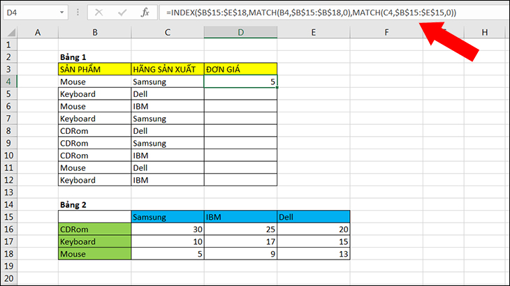 Cách kết hợp hàm index và match trong excel để dò nhiều điều kiện
