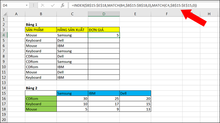 Cách kết hợp hàm INDEX và MATCH trong Excel để dò nhiều điều kiện > Kết hợp hàm INDEX và hàm MATCH