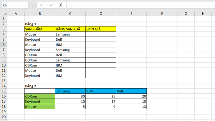 Cách kết hợp hàm INDEX và MATCH trong Excel để dò nhiều điều kiện > Điền đơn giá cho Bảng 1 dựa vào Bảng 2