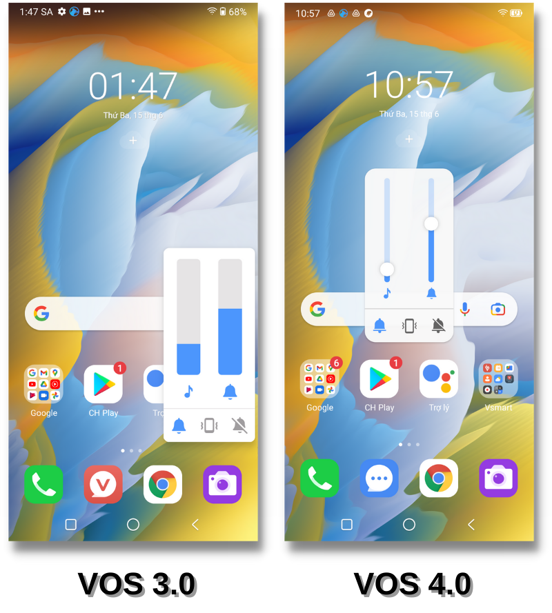 Mình vẫn thích kiểu thiết kế của thanh điều chỉnh âm lượng trên VOS 3.0 (bên trái) hơn so với VOS 4.0 (bên phải). Mình vẫn thích kiểu thiết kế của thanh điều chỉnh âm lượng trên VOS 3.0 (bên trái) hơn so với VOS 4.0 (bên phải).
