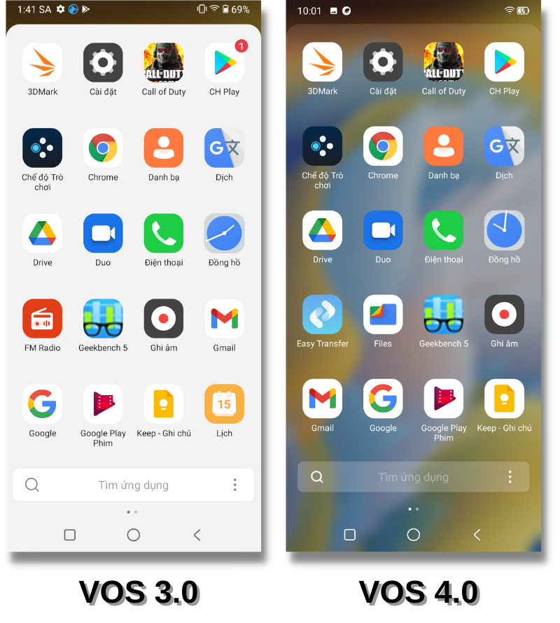 Giao diện ngăn kéo ứng dụng của VOS 3.0 (bên trái) và VOS 4.0 (bên phải). Giao diện ngăn kéo ứng dụng của VOS 3.0 (bên trái) và VOS 4.0 (bên phải).