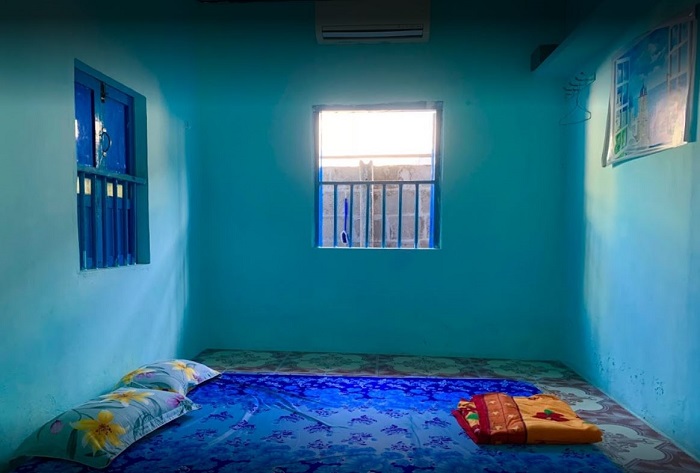 Phòng ngủ trang trí màu xanh tươi mát ở Chú Tư Homestay Phòng ngủ trang trí màu xanh tươi mát ở Chú Tư Homestay
