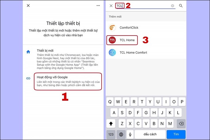 Chọn Hoạt động với Google sau đó nhấn chọn kết nối thiết bị với TLC Home
