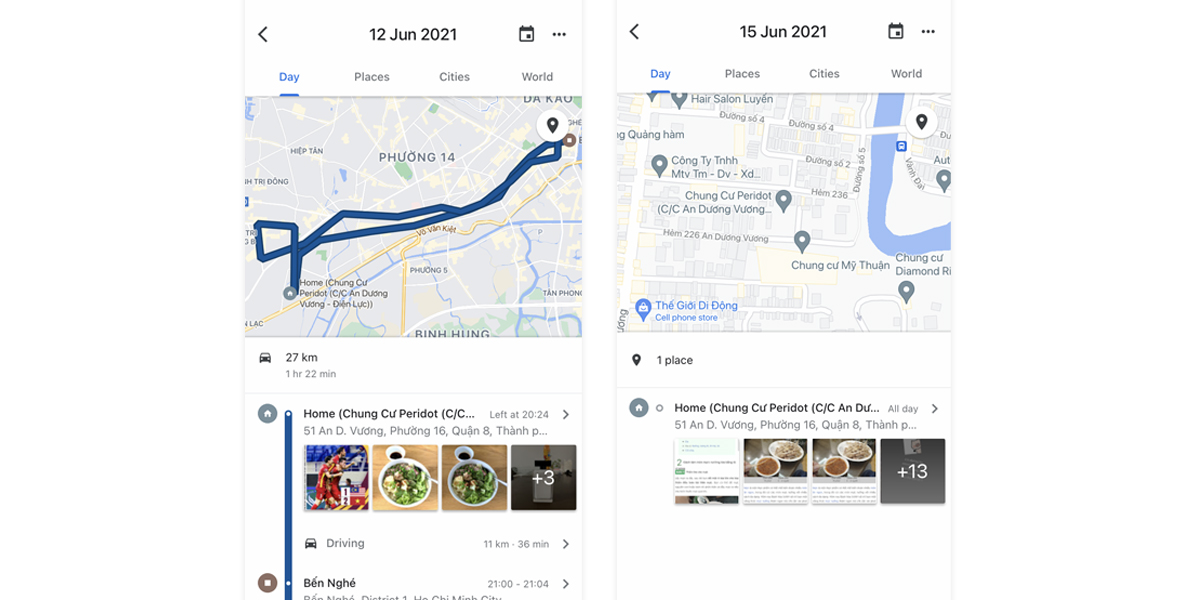 Ví dụ về lưu hành trình theo ngày trên Google Maps